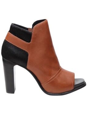 NWOT M4D3 Open-Toe Leather and Calf Hair Heeled Booties in Tan/Black, Size 6.5M